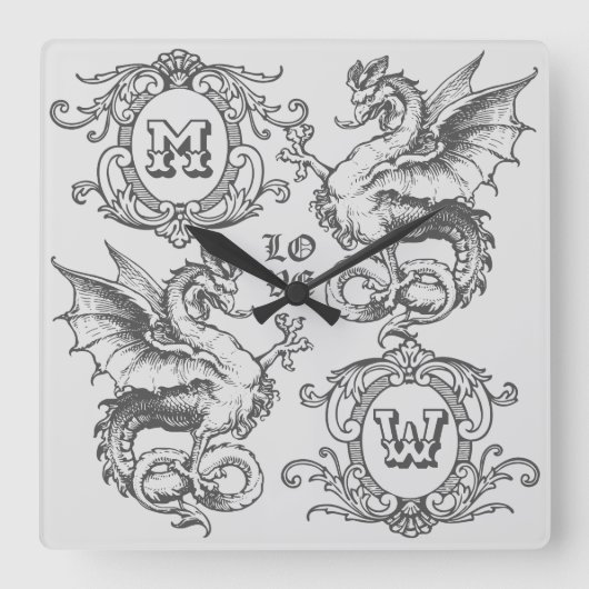 Monogram Fantasy Medieval Dragon  Lijst Vierkante Klok (Voorkant)