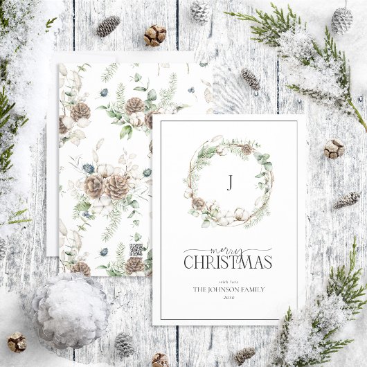 Monogram Farmhouse Greenery Wreath Merry Kerstmis Feestdagenkaart