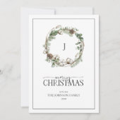 Monogram Farmhouse Greenery Wreath Merry Kerstmis Feestdagenkaart (Voorkant)