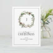 Monogram Farmhouse Greenery Wreath Merry Kerstmis Feestdagenkaart (Staand voorkant)