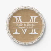 Monogram Faux Burlap & Lace Rustic Wedding Papieren Bordje (Voorkant)