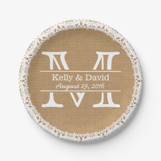 Monogram Faux Burlap & Lace Rustic Wedding Papieren Bordje (Voorkant)