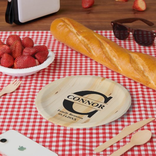 Monogram Faux Butcher Block Wood | Gepersonaliseer Papieren Bordje (Picknick)