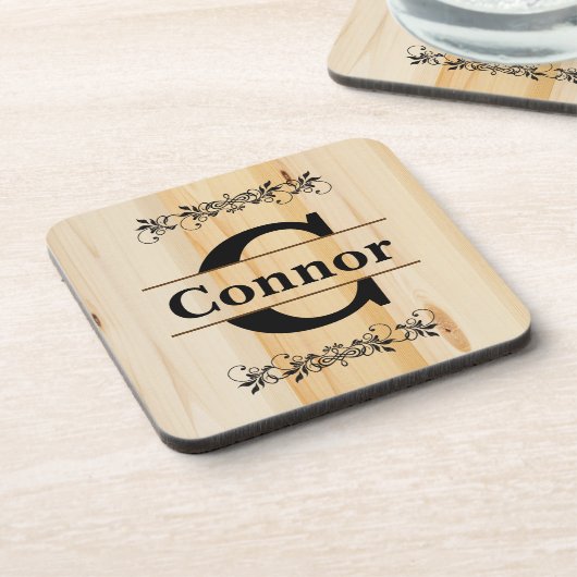 Monogram Faux Butcher Blok Natural Wood Kijk Drankjes Onderzetter (Linkerzijde)