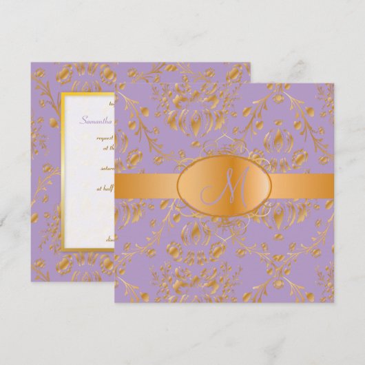 Monogram faux gold damask/lavender kaart (Voorkant / Achterkant)