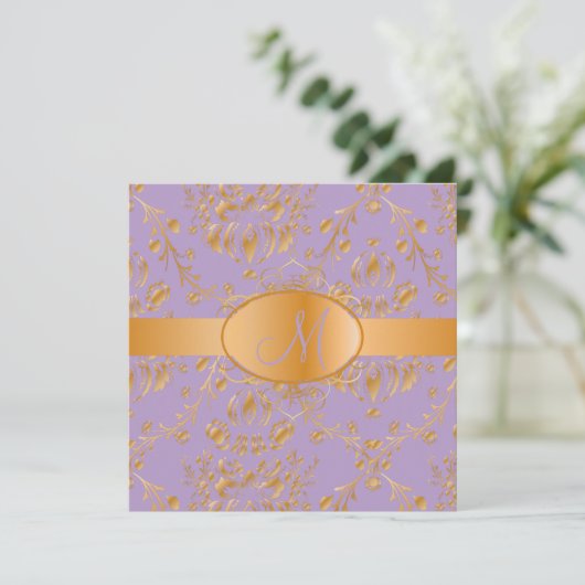 Monogram faux gold damask/lavender kaart (Staand voorkant)