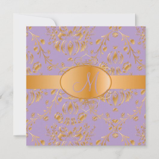 Monogram faux gold damask/lavender kaart (Voorkant)