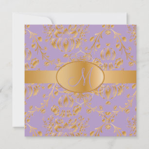 Monogram faux gold damask/lavender kaart
