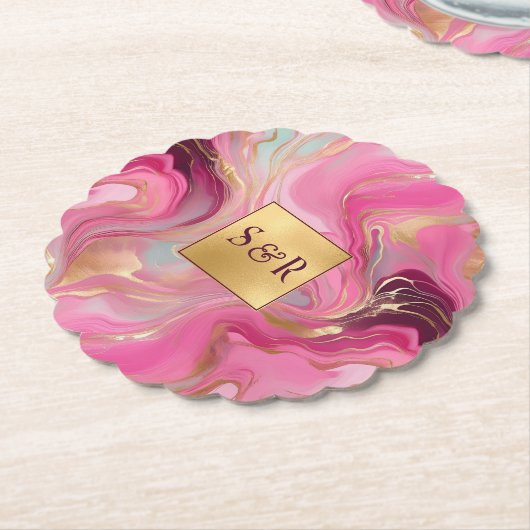 Monogram Faux Gold en Pink Marbled Wedding Kartonnen Onderzetters (Gekanteld)