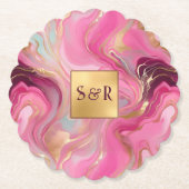 Monogram Faux Gold en Pink Marbled Wedding Kartonnen Onderzetters (Voorkant)