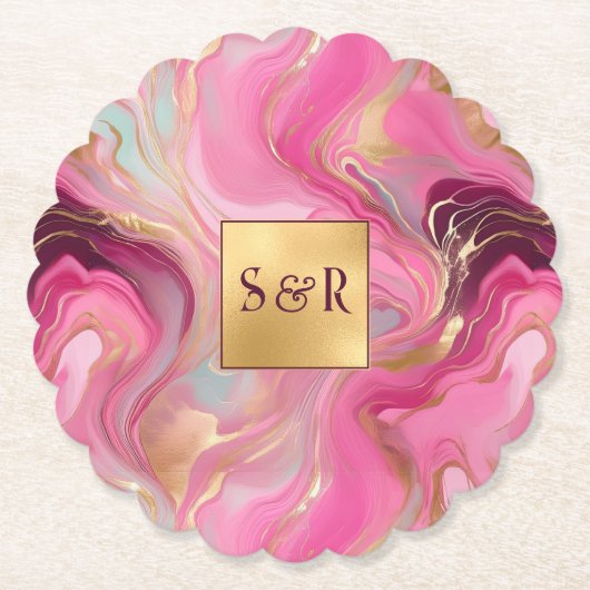 Monogram Faux Gold en Pink Marbled Wedding Kartonnen Onderzetters (Voorkant)