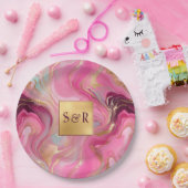 Monogram Faux Gold en Pink Marbled Wedding Papieren Bordje (Feest)