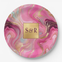 Monogram Faux Gold en Pink Marbled Wedding Papieren Bordje