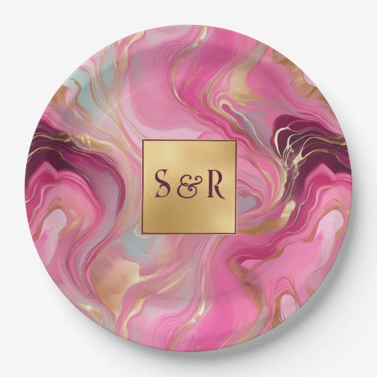 Monogram Faux Gold en Pink Marbled Wedding Papieren Bordje (Voorkant)