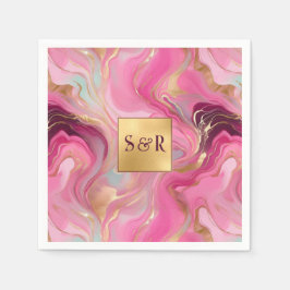 Monogram Faux Gold en Pink Marbled Wedding Servet