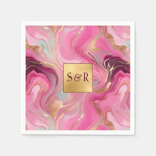Monogram Faux Gold en Pink Marbled Wedding Servet (Voorkant)