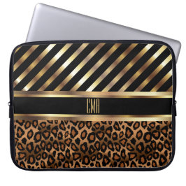 Monogram Faux Gold Stripes en 🐆 luipaard afdrukke Laptop Sleeve