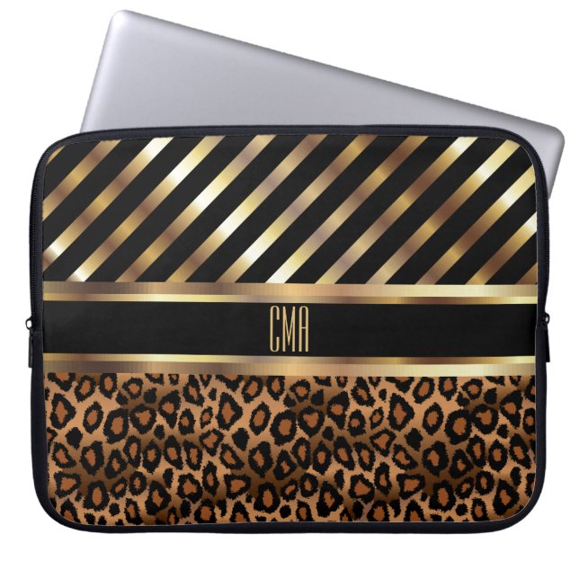 Monogram Faux Gold Stripes en 🐆 luipaard afdrukke Laptop Sleeve (Voorkant)