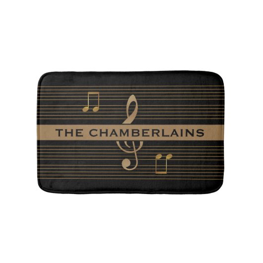 Monogram Faux Gold Treble Clef and Notes on BLACK Badmat (Voorkant)