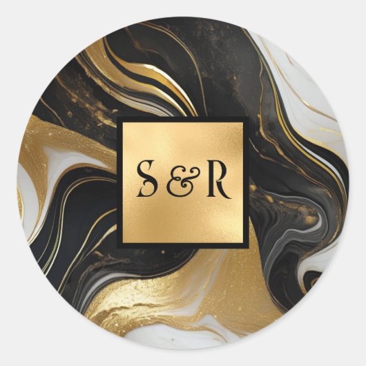 Monogram Faux Gold, Zwart Wit Marmered Wedding Ronde Sticker (Voorkant)