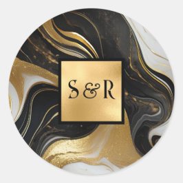 Monogram Faux Gold, Zwart Wit Marmered Wedding Ronde Sticker