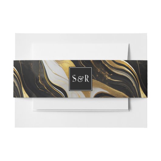 Monogram Faux Gold, Zwart Wit Marmered Wedding Uitnodigingen Wikkel (Voorkant Voorbeeld)