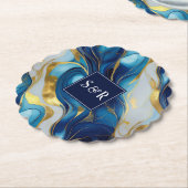 Monogram Faux Goud, Blauw en Wit Marmered Wedding Kartonnen Onderzetters (Gekanteld)