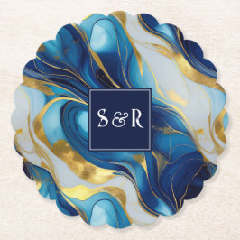 Monogram Faux Goud, Blauw en Wit Marmered Wedding Kartonnen Onderzetters