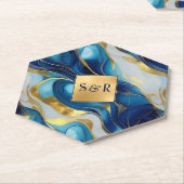 Monogram Faux Goud, Blauw en Wit Marmered Wedding Kartonnen Onderzetters (Schuin)