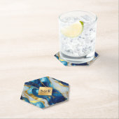 Monogram Faux Goud, Blauw en Wit Marmered Wedding Kartonnen Onderzetters (Insitu)