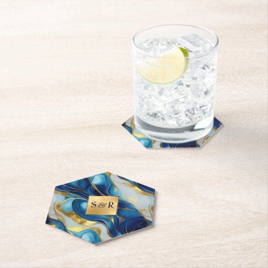 Monogram Faux Goud, Blauw en Wit Marmered Wedding Kartonnen Onderzetters (Insitu)