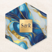 Monogram Faux Goud, Blauw en Wit Marmered Wedding Kartonnen Onderzetters (Voorkant)