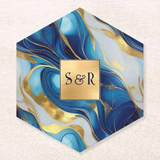Monogram Faux Goud, Blauw en Wit Marmered Wedding Kartonnen Onderzetters (Voorkant)
