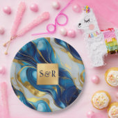 Monogram Faux Goud, Blauw en Wit Marmered Wedding Papieren Bordje (Feest)