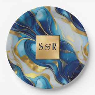Monogram Faux Goud, Blauw en Wit Marmered Wedding Papieren Bordje