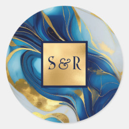 Monogram Faux Goud, Blauw en Wit Marmered Wedding Ronde Sticker