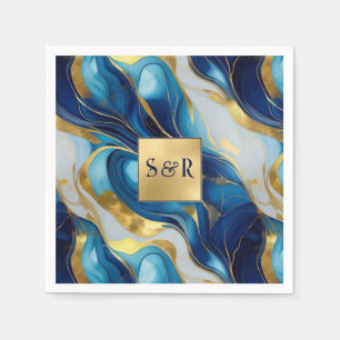 Monogram Faux Goud, Blauw en Wit Marmered Wedding Servet