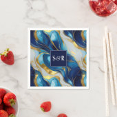Monogram Faux Goud, Blauw en Wit Marmered Wedding Servet (Insitu)