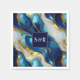 Monogram Faux Goud, Blauw en Wit Marmered Wedding Servet