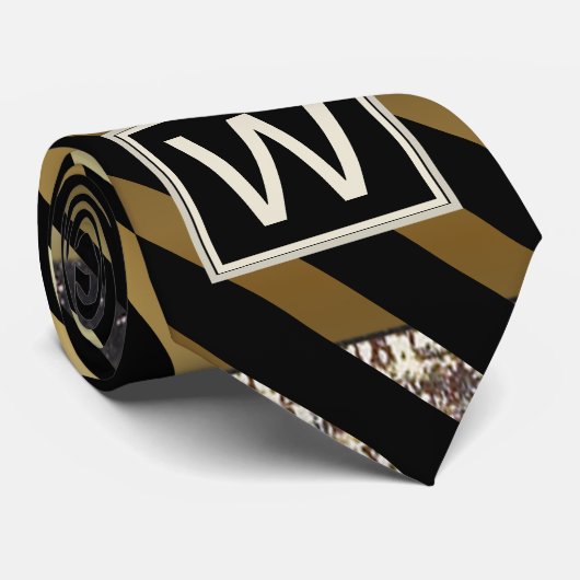 Monogram Faux Goud en Zwarte Diagonale Strepen Stropdas (Opgerold)