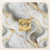 Monogram Faux Goud, Grijs & Wit Marmered Wedding Kartonnen Onderzetters (Voorkant)