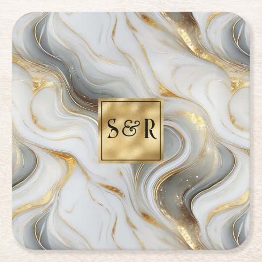 Monogram Faux Goud, Grijs & Wit Marmered Wedding Kartonnen Onderzetters (Voorkant)