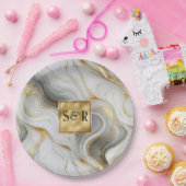 Monogram Faux Goud, Grijs & Wit Marmered Wedding Papieren Bordje (Feest)