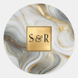 Monogram Faux Goud, Grijs Wit Marmered Wedding Ronde Sticker