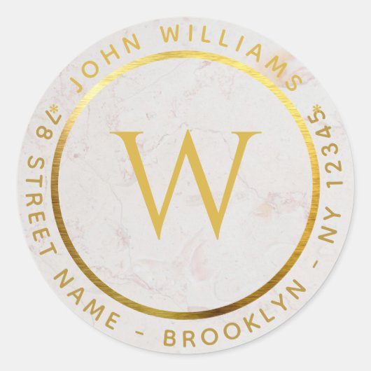 Monogram Faux Goud Marmer Circulair Retouradres Ronde Sticker (Voorkant)