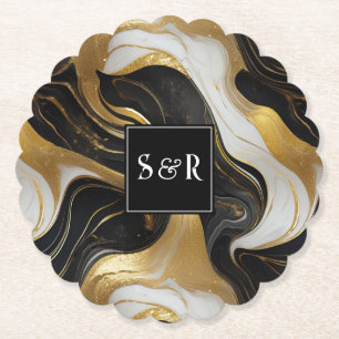 Monogram Faux Goud, Zwart & Wit Marmered Wedding Kartonnen Onderzetters