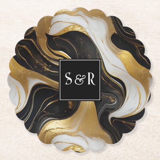 Monogram Faux Goud, Zwart & Wit Marmered Wedding Kartonnen Onderzetters (Voorkant)
