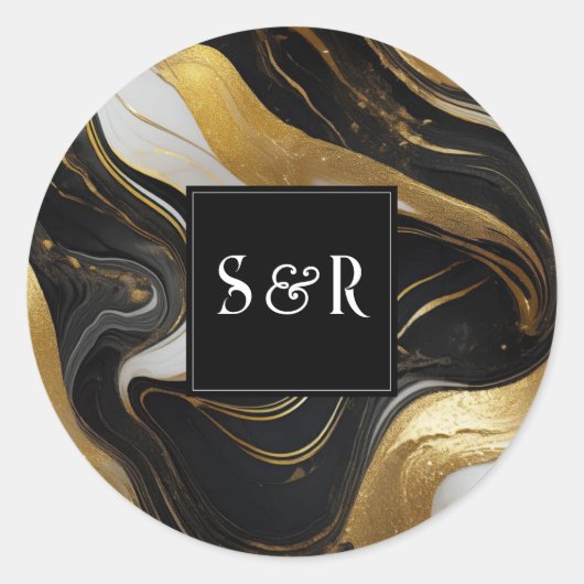 Monogram Faux Goud, Zwart & Wit Marmered Wedding Ronde Sticker (Voorkant)