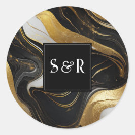 Monogram Faux Goud, Zwart & Wit Marmered Wedding Ronde Sticker