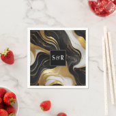 Monogram Faux Goud, Zwart & Wit Marmered Wedding Servet (Insitu)